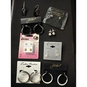 Mixed Lot Gold & Silver Tone Hoop, Stud & Dangle Earrings w/Crystals/Pearl Look